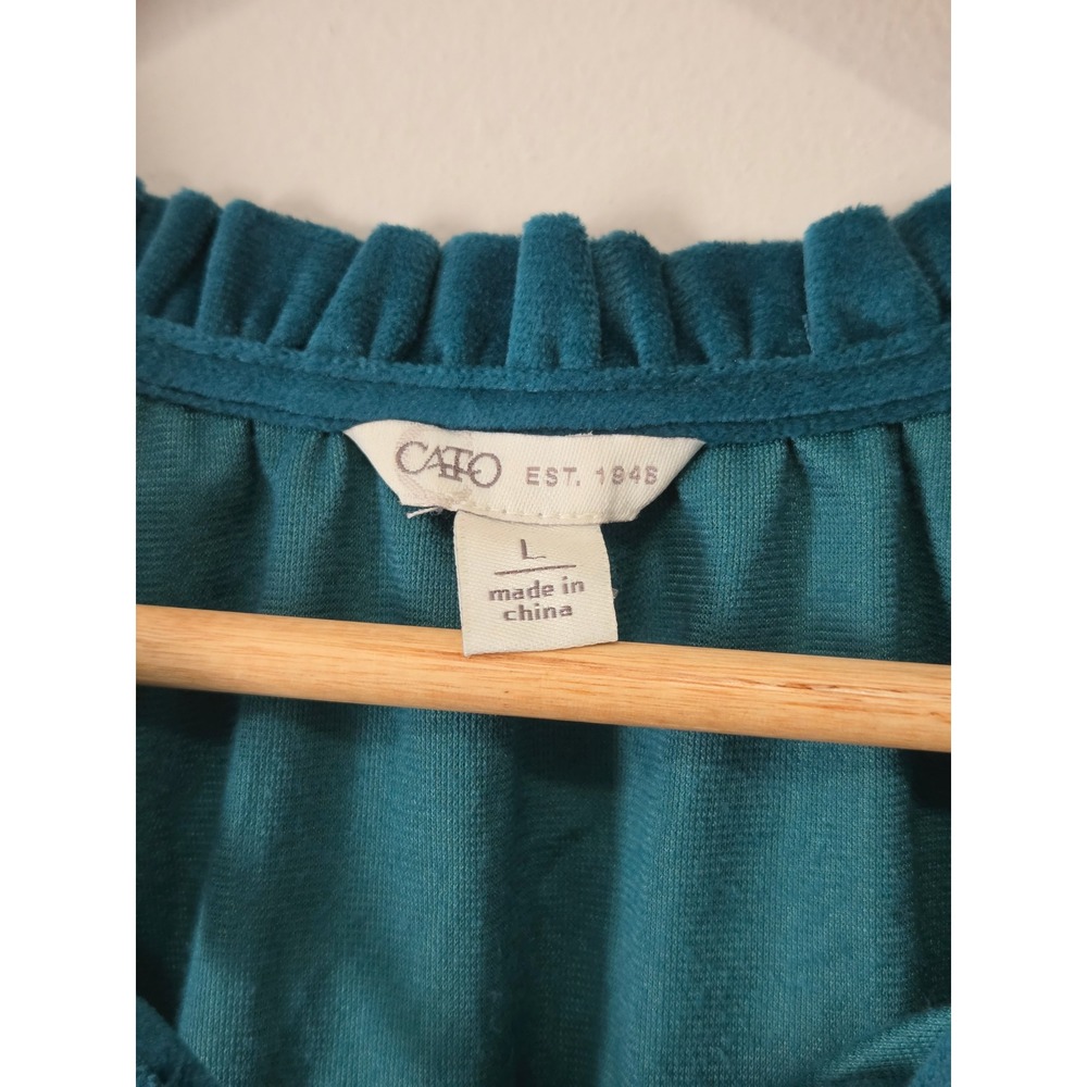 Cato Teal Velvet Ruffle Tiered Bell Sleeve Blouse Tassel Tie V-Neck Top Large - Picture 3 of 7
